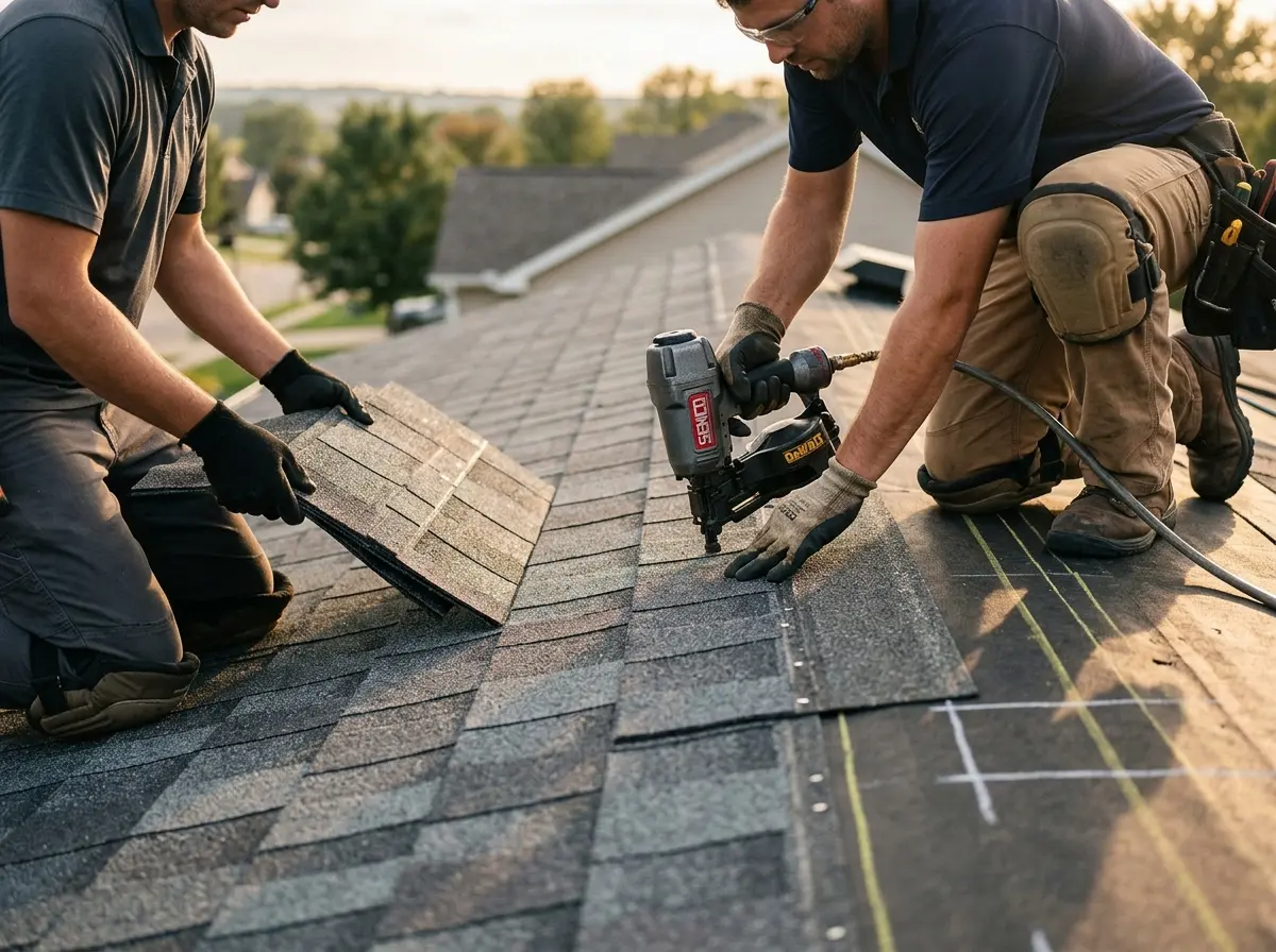 Professional roofer working on a residential roof in Paola